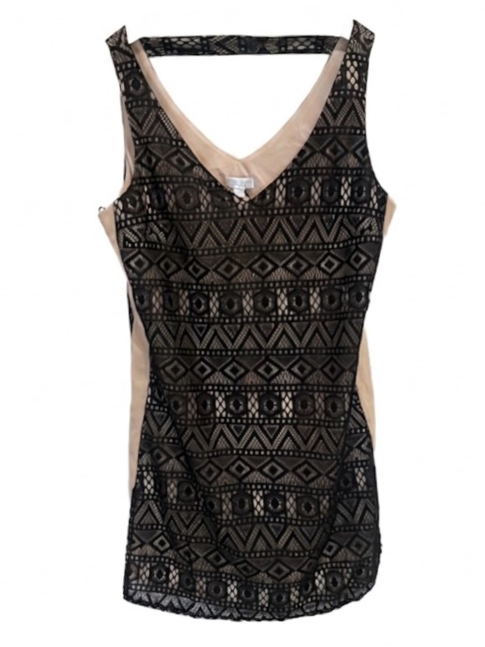 Bisou Bisou Black Geometric Lace Overlay Shift Dress Nude Cut Out Size 14 NWT